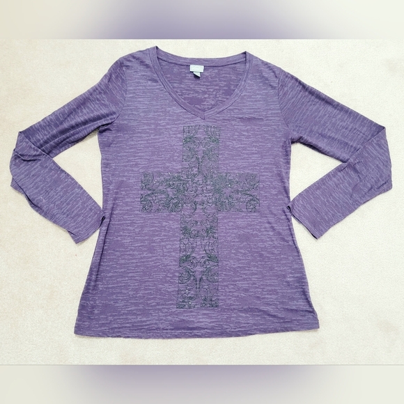 VANITY Women's Purple Burnout Long Sleeve Shirt Black Sparkle Cross Size L - Picture 4 of 9